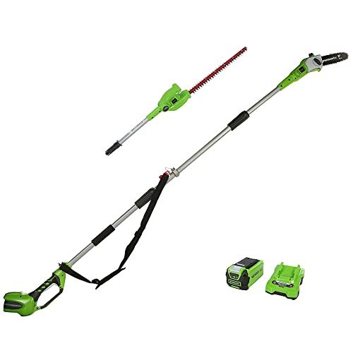 Greenworks G40PSHK2: Élagueuse et Taille Haie à Batterie sur Perche 2-en-1 avec Bandoulière, Guide Tronçonneuse 20 cm, Lames Double Action 51 cm, Batterie 40V 2Ah Chargeur, Garantie 3 Ans