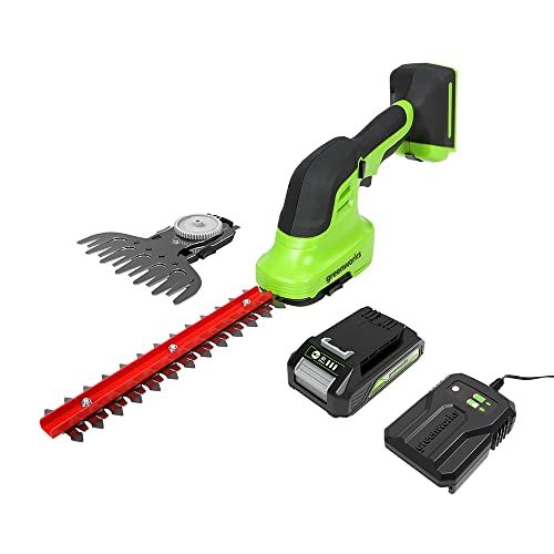 Greenworks G24SHTK2: Cisaille sculpte-haies & taille-herbe de 120mm à batterie 2Ah 2en1, Li-Ion 24V 2400 coups/min épaisseur 8mm taille-haie de 20cm avec chargeur